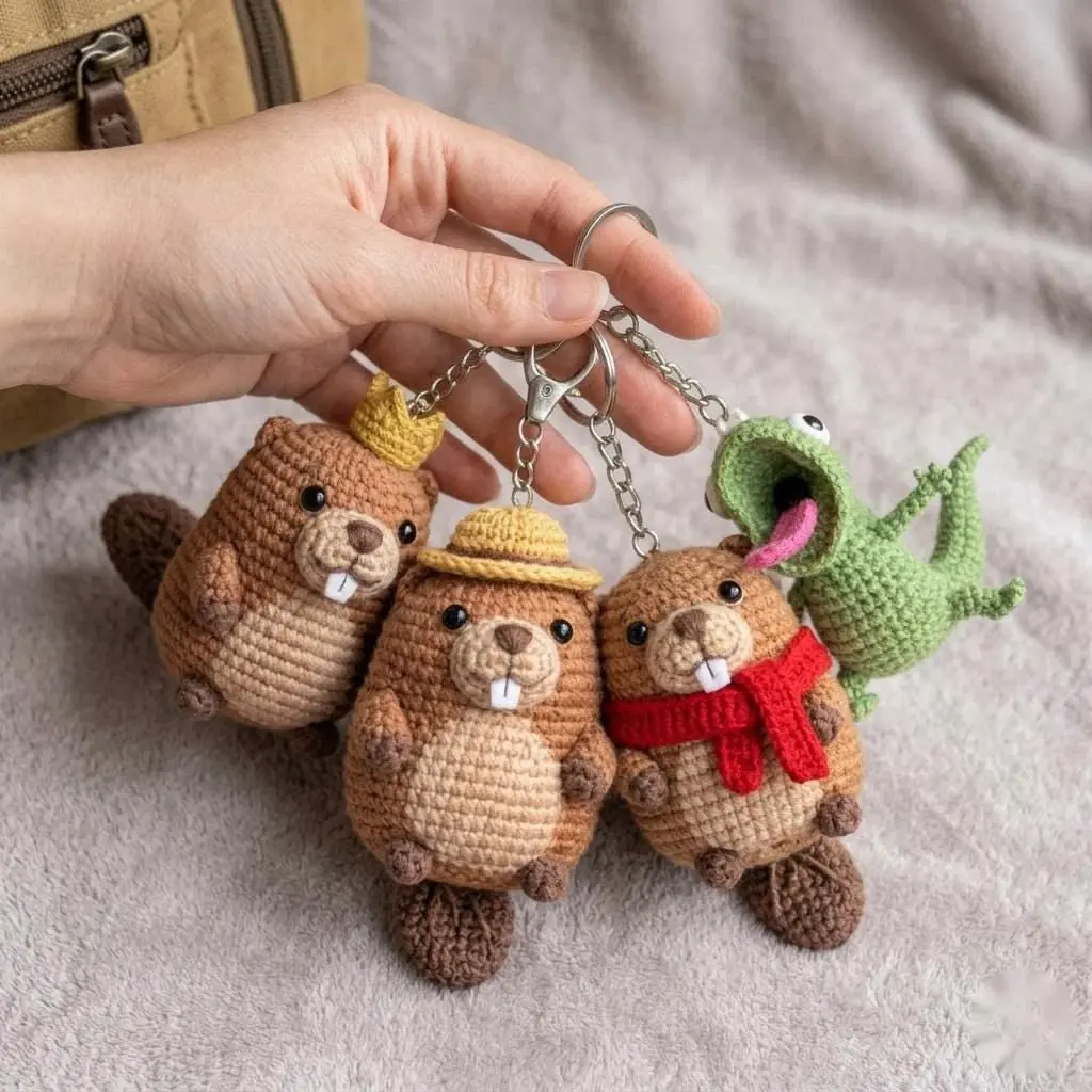 Crochet Beaver Keychain Handmade | Cute Amigurumi Animal Keychain | Funny Frog Hat Beaver Plush Charm Gift for Women & Kids