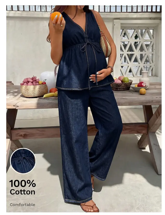 Maternity Denim Two Pieces Outfits,100% Cotton Navy Blue Summer Jumpsuit,V Neck Sleeveless Wide Leg Overalls,Smart Casual Holiday Streetwear Costume