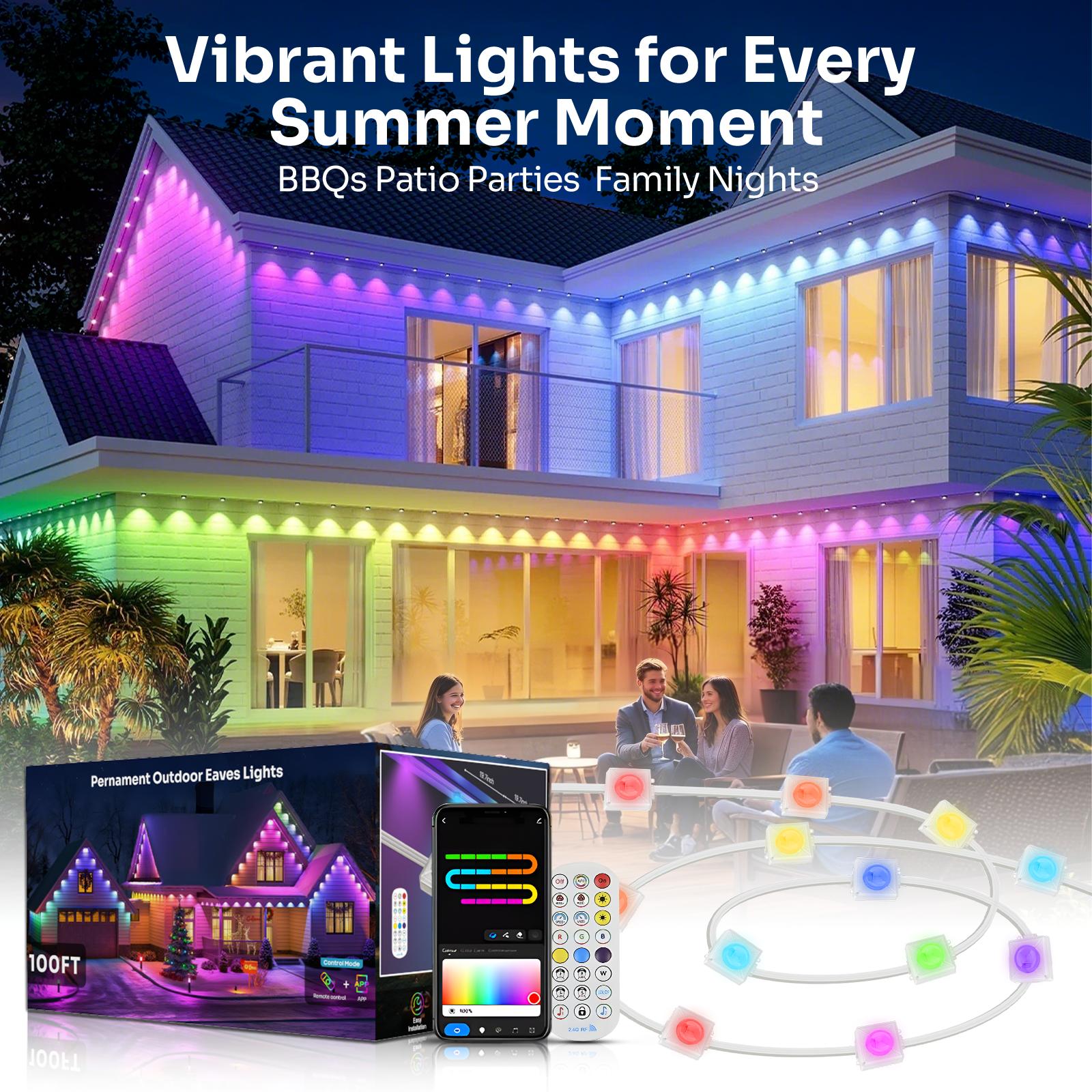HYPERLITE RGB IC Eaves Lights with 30/60 LEDs, Permanent Outdoor Lighting, Music Sync Party Lights, IP67 Waterproof, Bluetooth APP & Remote Control, 50/100 Feet - Perfect for Decorative，SpringGlowUp