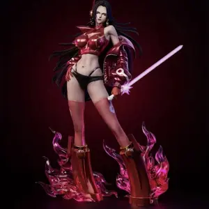 One Piece Boa Hancock Leather Jacket Figure Stunning Standing Pose Collectible with Flaming Base and Free Gift Anime Figurine Set for Display