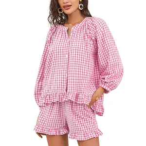 Women's Gingham 2 Piece Pajamas aesthetic Pajama Set women Y2K Pjs Plaid Ruffle Homewear Short Loungewear Raglan Sleeve Shirt Sleepwear with Pockets Womenswear