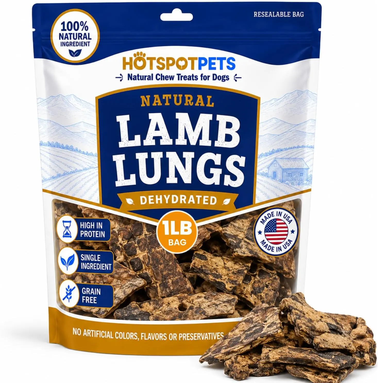 Hotspot Pets Premium Raw Dehydrated Single Ingredient Lamb Lung Dog Treats - 1lb Big Bag All-Natural, Made in USA - High Protein, Low Fat - A Rawhide Alternative for All Dogs