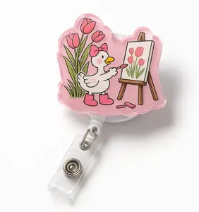 Cute Goose Acrylic Badge Reel – Retractable ID Holder for Nurses, Teachers & Office Staff, Kawaii Pink Badge C