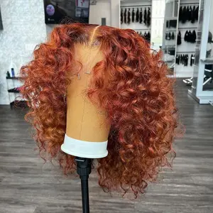 Orange Brown Kinky Curly Human Hair Bob Wigs Ginger Brown Short Bob Lace Front Wig 13x6 Lace Frontal Wigs Human Hair for Women 180% Density Pre Plucked With Natural Hairline HD Transparent Lace Curly Bob Wigs Ginger Orange Colored Curly Short Bob Wigs