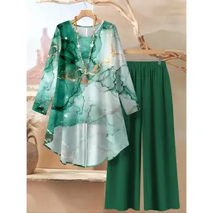 Women's printed irregular long-sleeved top and elastic waist wide-leg pants two-piece set, suitable for seaside vacations, casual outings, lazy time, holidays, home, comfortable daily wear