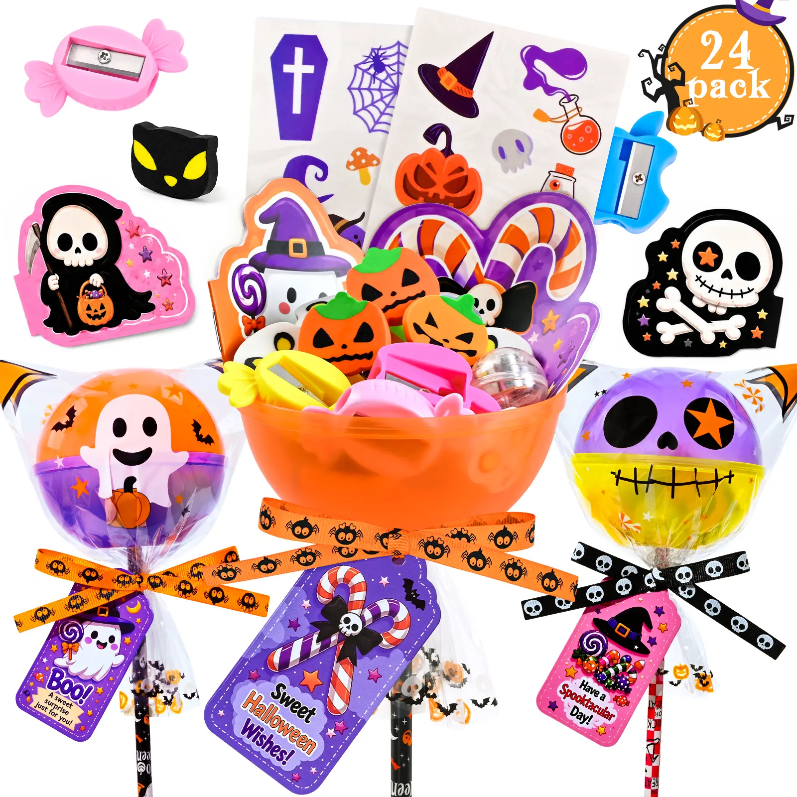 24-Pack 2026 Upgraded Light-Up Giant Halloween Lollipop Stationery Kit with Cards, Halloween Gifts for Kids, Classroom Exchange Party Favors