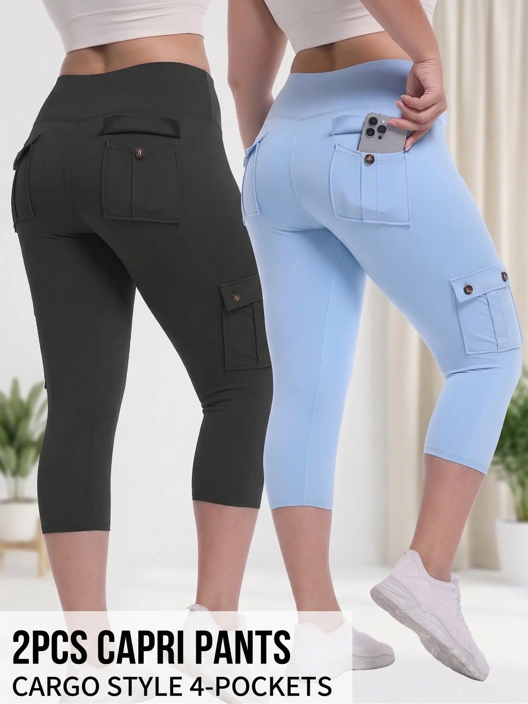 Women's 2-Piece Solid Color Yoga Capri Set - High Waist Booty Lift Stretch Sports Pants, 4-Way Stretch, Tummy Control, 4 Pockets, 25% Elastane, No Polyester, Hand Wash Only, Dry Clean Compatible Workout Activewear, Two Piece Set, Female
