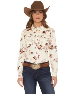 Shyanne Women's Horse Print Long Sleeve Button-Down Stretch Western Shirt - Srsp26w1-Crm