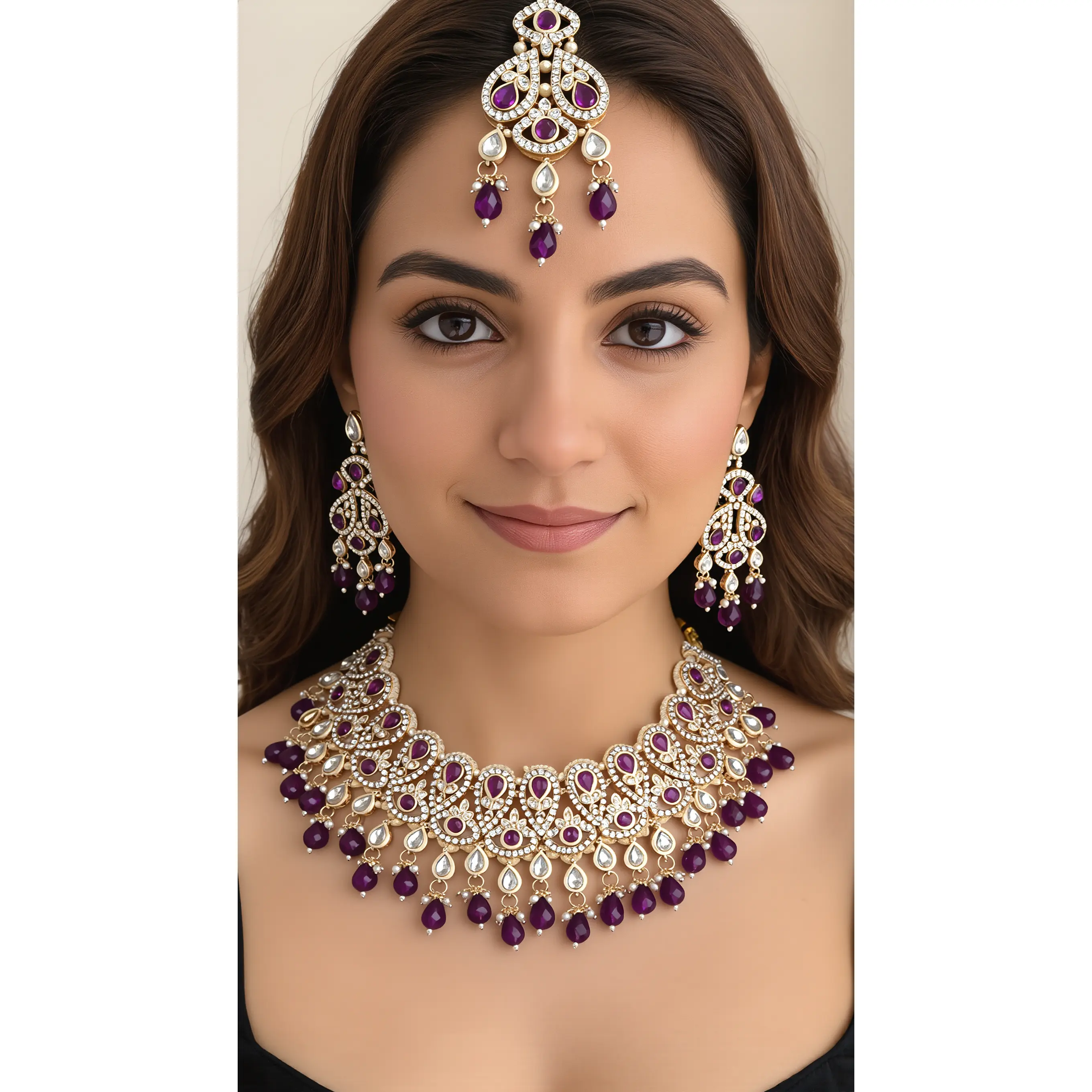 Purple Kundan Bridal Jewelry Set with Earrings & Maang Tikka | Rose Gold Indian Pakistani Afghan Wedding Necklace | Gift Box Included 6050