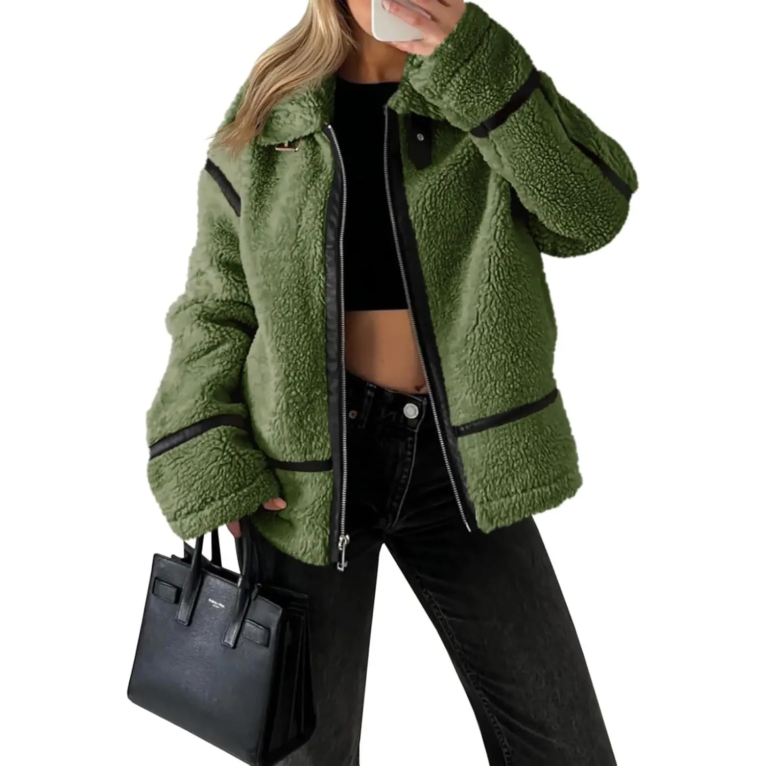 Imily Bela Women's Cropped Moto Jacket, Cow Print Faux Leather & Fuzzy Sherpa, Oversized Zip Up Fashion Apparel, Outwear, Pockets, Casual, School, Dating, Long Sleeve, Clothes, Tops, Soft, Lady, Zipper, Patchwork, Basic