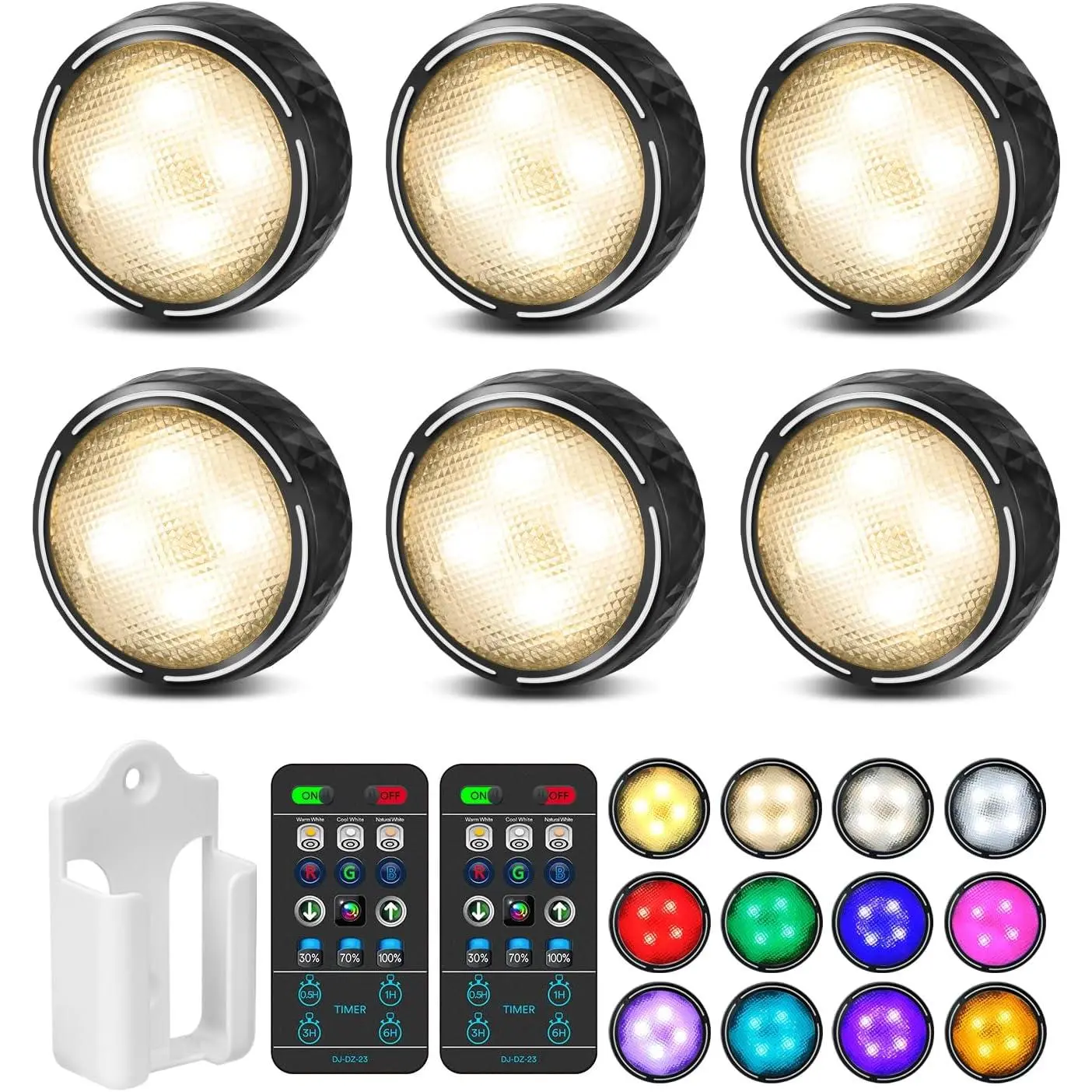 6-Pack Black LED Puck Lights with Remote Control, 1.5V Battery-Operated Wireless Stick-On Tap Push Home Decor Lighting, 2 Mounting Options for Shelf Use, Interior LED Mood & Shelf Lights