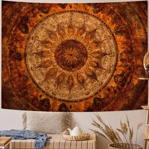 Polyester Boho Mandala Wall Tapestry - Vintage Orange-Brown Hippie Boho Floral Design Medallion Art for Bedroom, Living Room Decor, Aesthetic Room Decor, Wall Tapestries