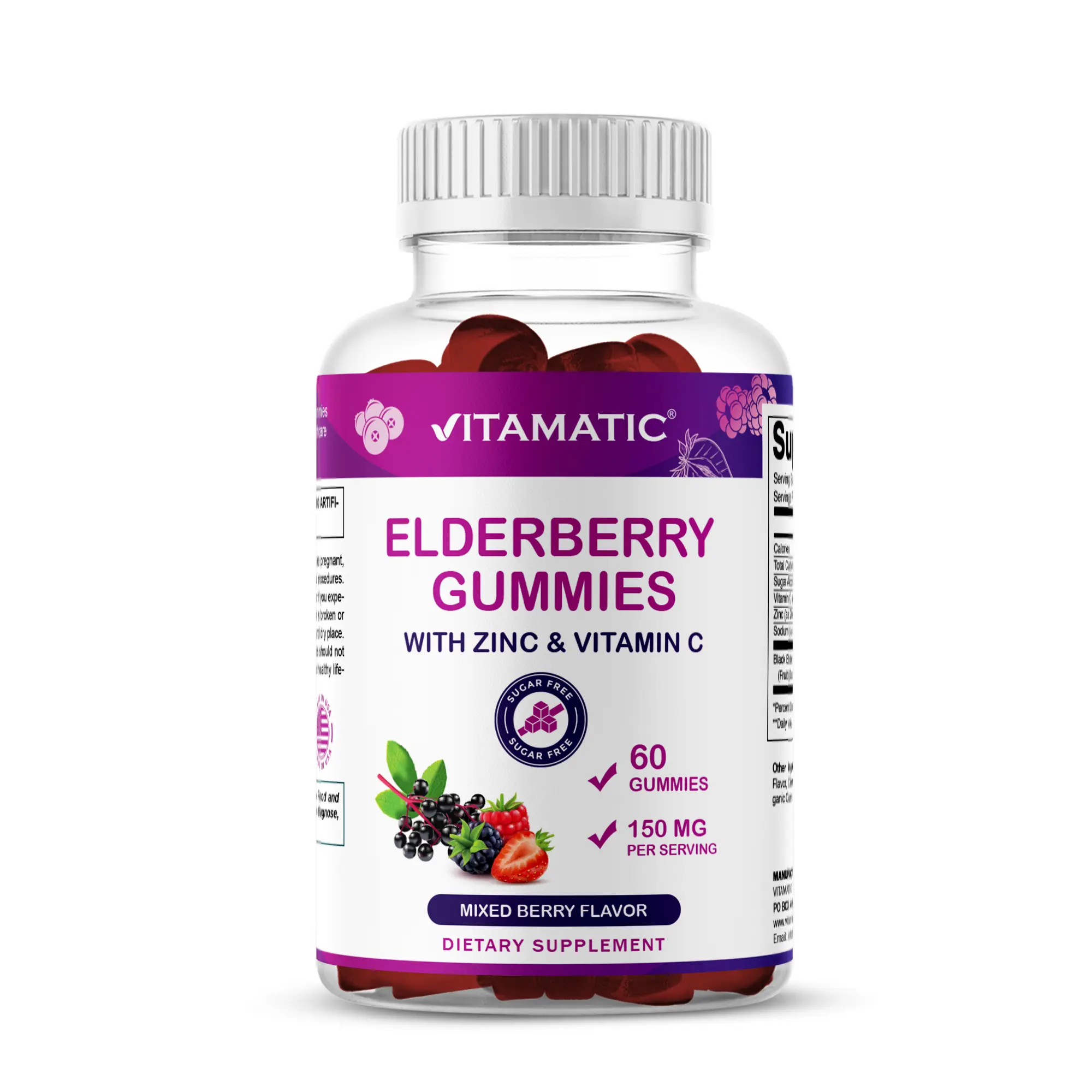 Vitamatic Organic Elderberry Chewable Gummies - 60 Sugar-Free Vegan Mixed Berry Flavor Dietary Supplement with Vitamin C, Zinc, Nutrients for Immune Support, Non-GMO, Gluten-Free