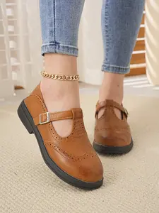 2026 Spring Autumn New Thick Sole Loafers, Casual Shoes, One-Strap T-Buckle Deep V Design, PU Upper Material, Metal Buckle, College Style Height Increase, Casual Workwear, All Seasons