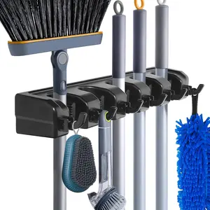 Heavy-Duty Wall-Mounted Broom and Mop Holder with Hooks for Organizing Garden Tools, Ideal for Garage and Laundry Room Storage Solutions Organiser