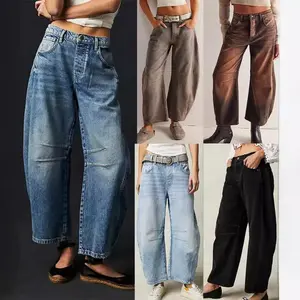 Women’s mid-rise barrel jeans — trendy high-waisted wide-leg cropped denim pants (90s style), baggy boyfriend jeans with pockets, women’s bottoms