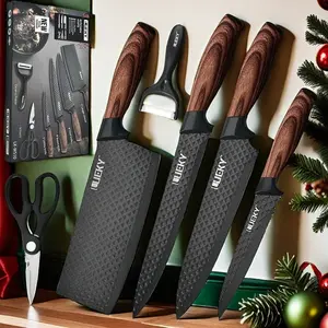 6-Piece Stainless Steel Kitchen Knife Set, Dishwasher Safe with Ergonomic Wood Handles - Includes Chef Knife, Cleaver, Paring Knife, Scissors for Frozen Meat, Boneless Cutting, Lifetime Sharp