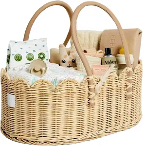 KOATLIFE Scalloped Wicker Diaper Caddy Organizer - Handwoven Seagrass Nursery Baby Basket for Essentials - High Capacity Portable Storage with Organization Panels - Elegant Baby Shower Gifts
