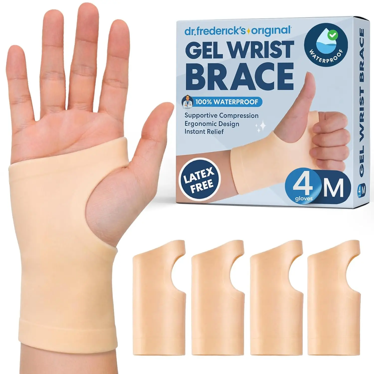 Dr. Frederick's Original Gel Wrist Brace - 4 ct - Mild Carpal Tunnel, Arthritis & Tendonitis Relief - Waterproof Fingerless Compression Sleeve - Fits Left & Right Hand - Men & Women - Medium