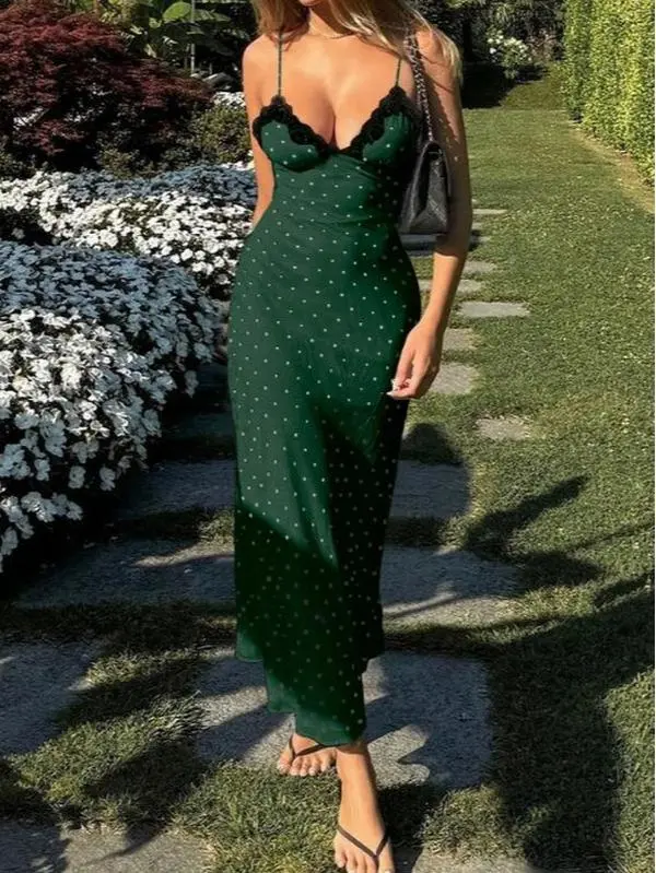 Apperloth Studio Women Sexy Polka Sot Deep V Lace Slip Dress Elegant Sleeveless Sexy Maxi Dress