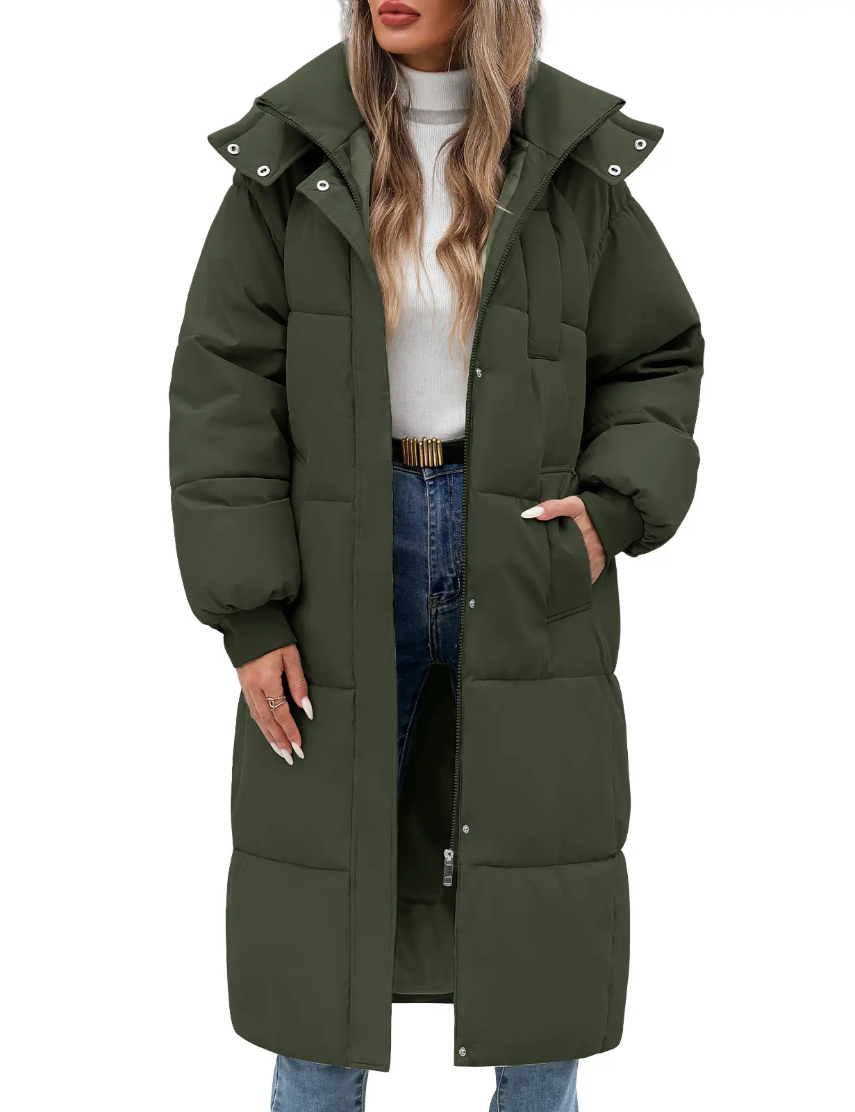 Women's Long Quilted Jacket Coat Winter Thicken Warm Puffer Jacket Fashion Hooded Zip Up Parka Outerwear with Pockets