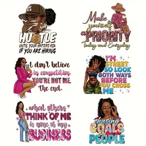 Fashion Black Women Motivational Quotes Iron-on Transfer Stickers, 6 Counts/set DIY Polyester Heat Transfer Decals for T-shirts, Jackets, Jeans, Hoodies, DIY Project Ready, Personal Expression