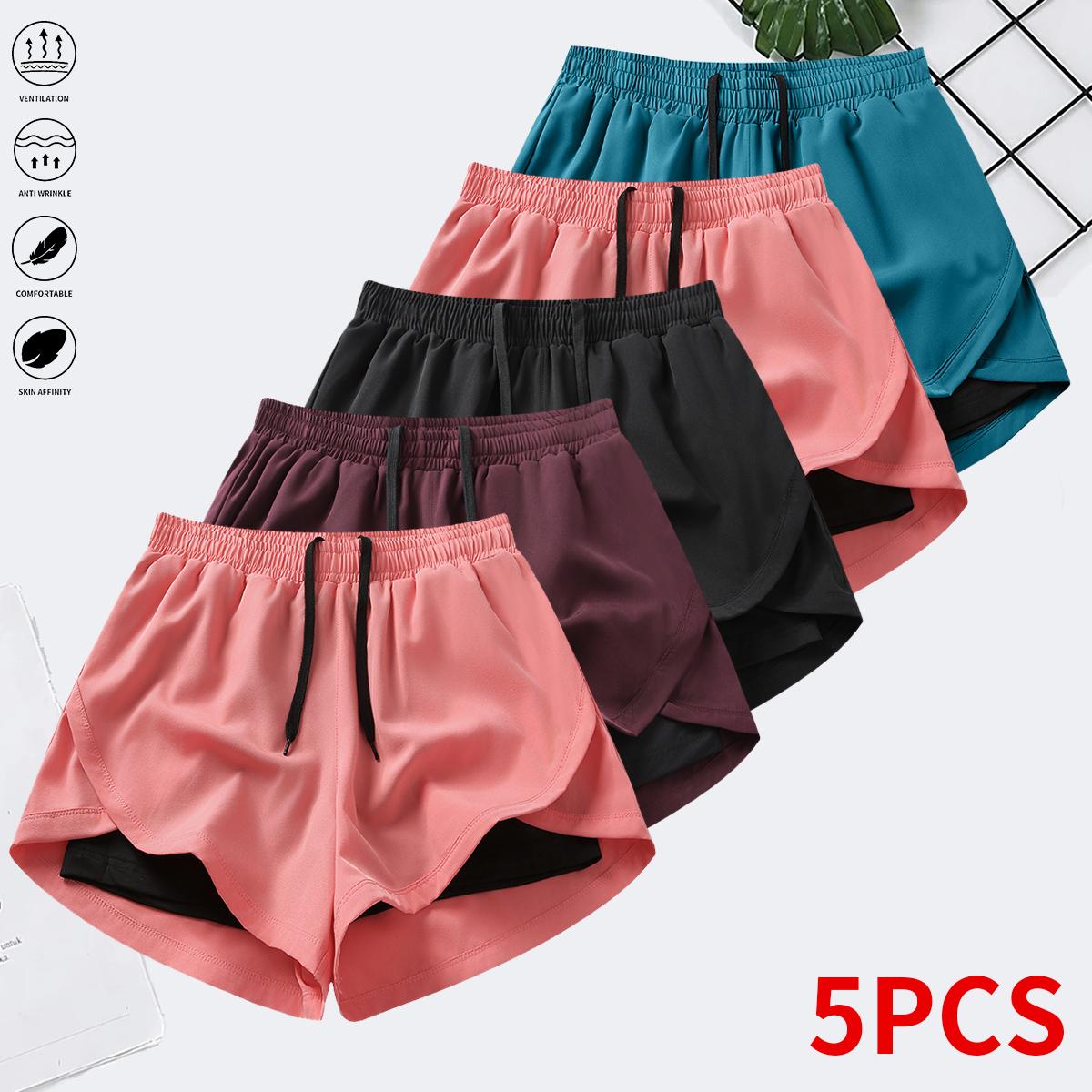 Women’s summer shorts: double-layer faux two-piece mid-length knit pants made from polyester–spandex fabric; breathable, quick-drying compression base layer shorts with elastic drawstring waist; suitable for fitness training, casual sports, and running.