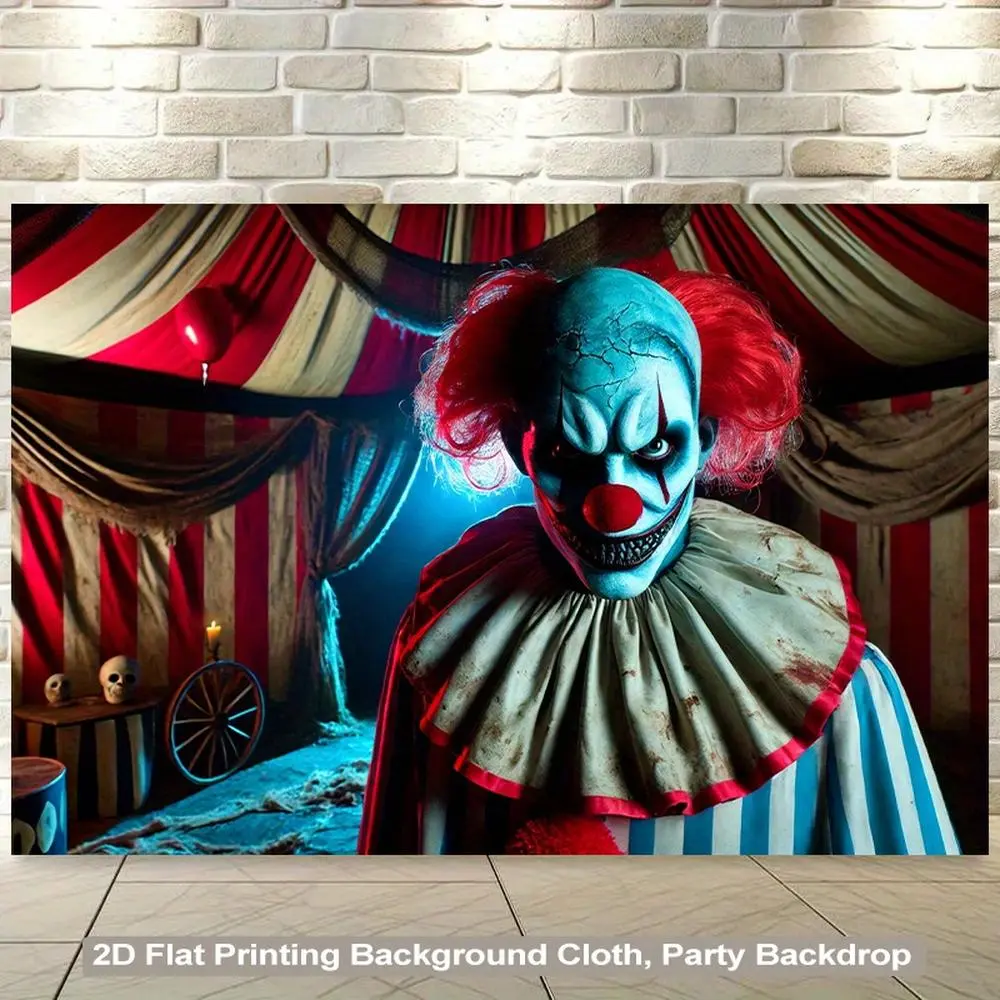 1pc Glam Soft Durable Lighted Polyester 2D Flat Horror Clown Backdrop - Red-White Stripes Circus Tent Banner, Pennywise-Inspired Wall Decor for Haunted House Party Events
