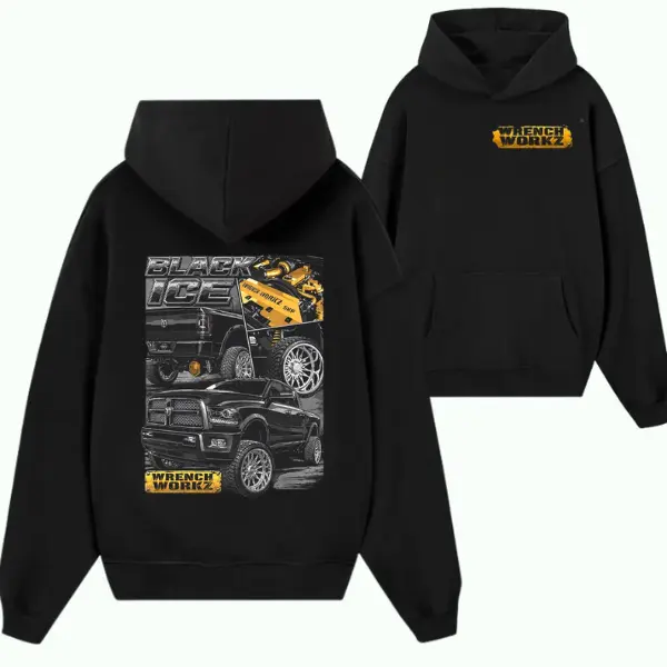 Wrench Workz Black Ice Diesel Truck Hoodie – Black Custom Pickup Graphic Pullover, Performance Truck Apparel for Diesel Enthusiasts