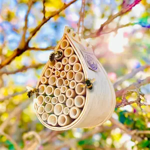 Pollinating Palace Handcrafted Eco-Friendly Wooden Hanging Bee House with Bamboo Tubes for Attracting Bees to Your Garden and Yard Enhances Outdoor Space