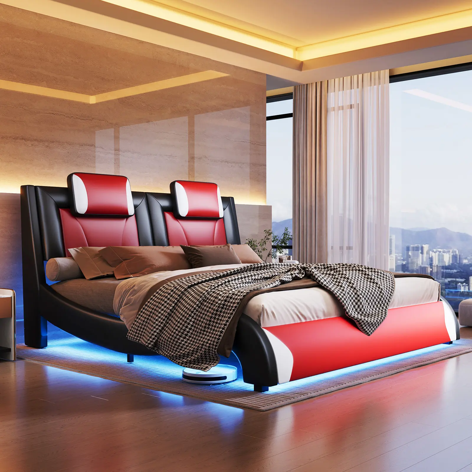 ALBOTT LED Floating Platform Bed Frame, Modern Faux Leather & Mixed Materials Upholstered Design with Wave Shape Curve, No Box Spring Needed, SummerVibes Indoor Furniture[TikTokShopFallDealsForYou]