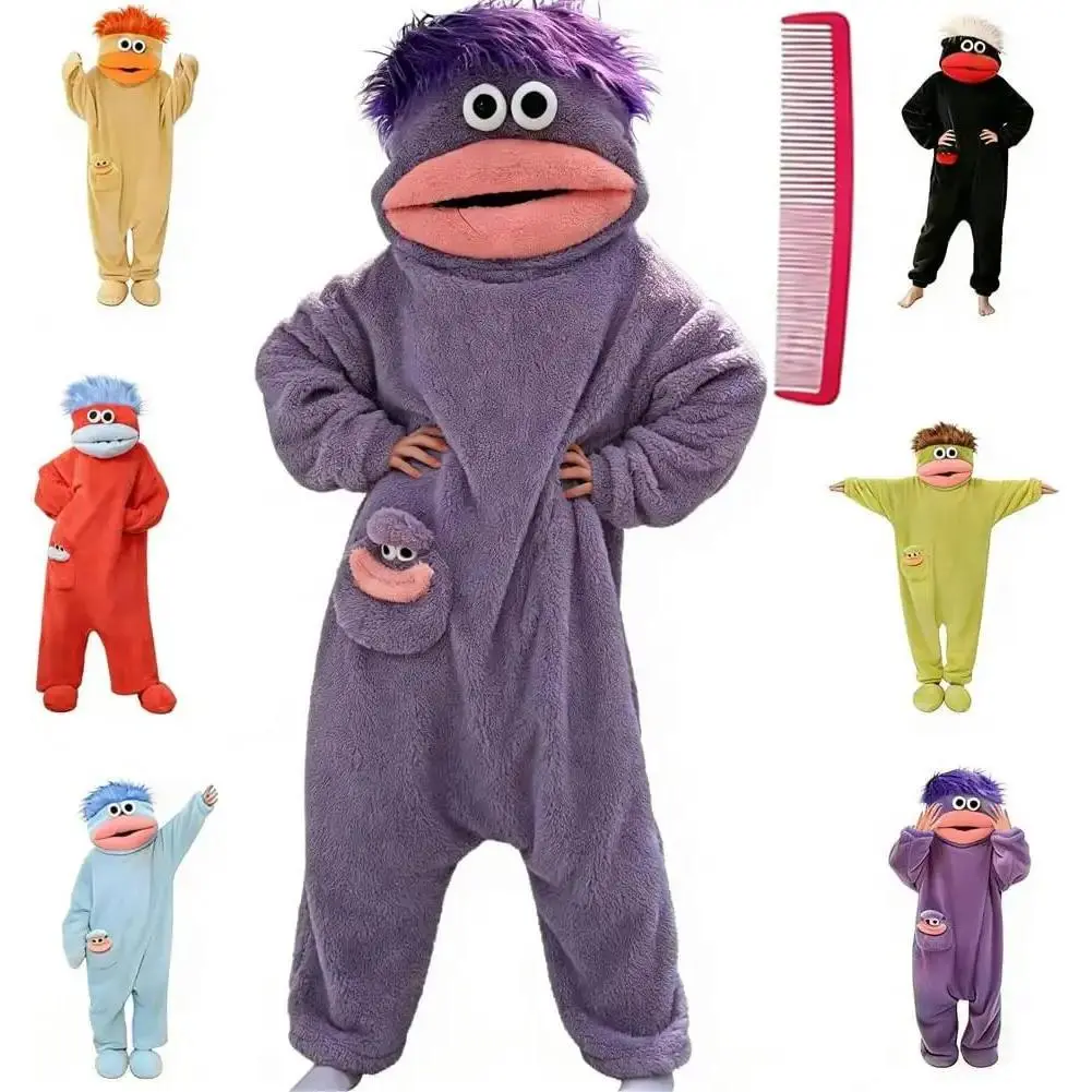 Fluffy Plush Hooded Monster OnePiece Pajamas, Distinctive Big Mouth Novelty Design, Skin-Friendly Breathable Fabric, Oversized Warm Casual Loungewear, Soft Comfort Sleepwear for Indoor Lounge Cosplay Events, Matching Set Includes Slippers Large Hair Comb