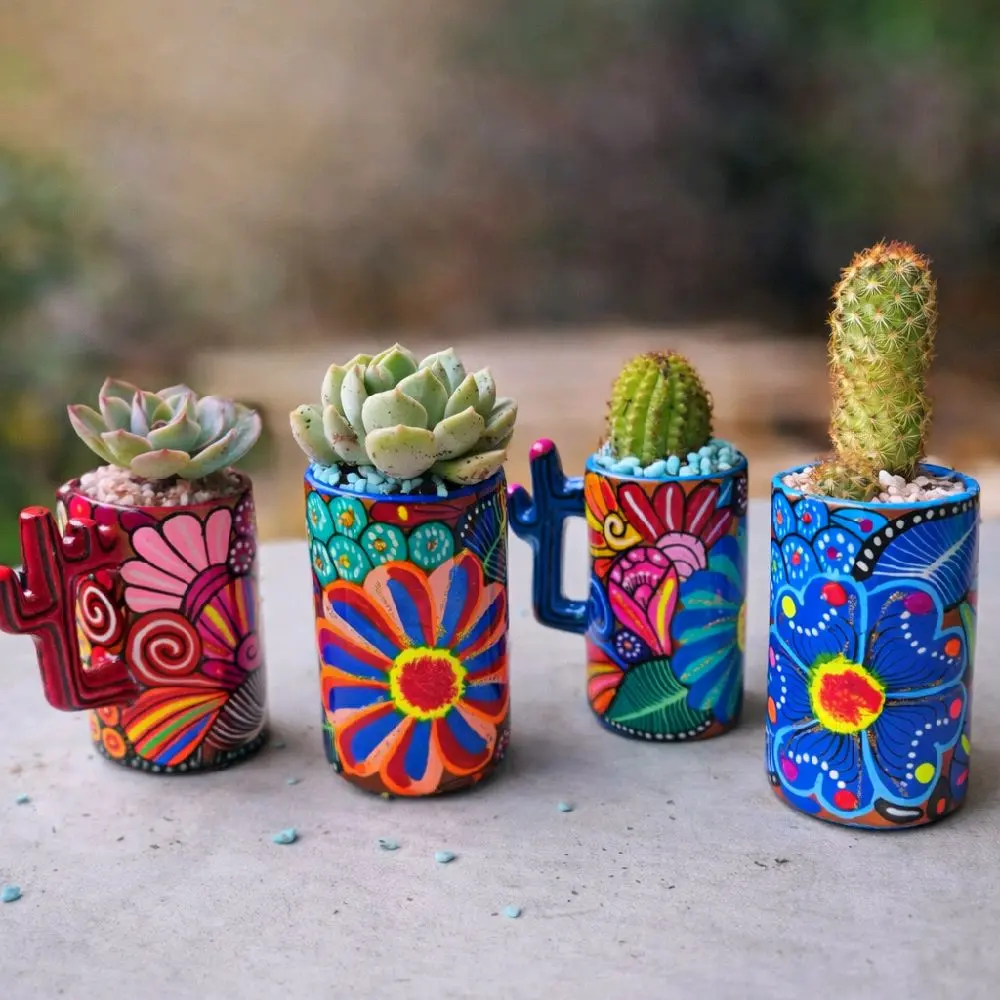 Assorted Hand-Painted Mexican Handle Shot Glass Planter | Succulent or Cactus