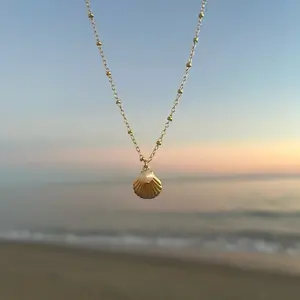 waterproof seashell & pearl charm necklace, beach necklace, 14k gold filled shell necklace