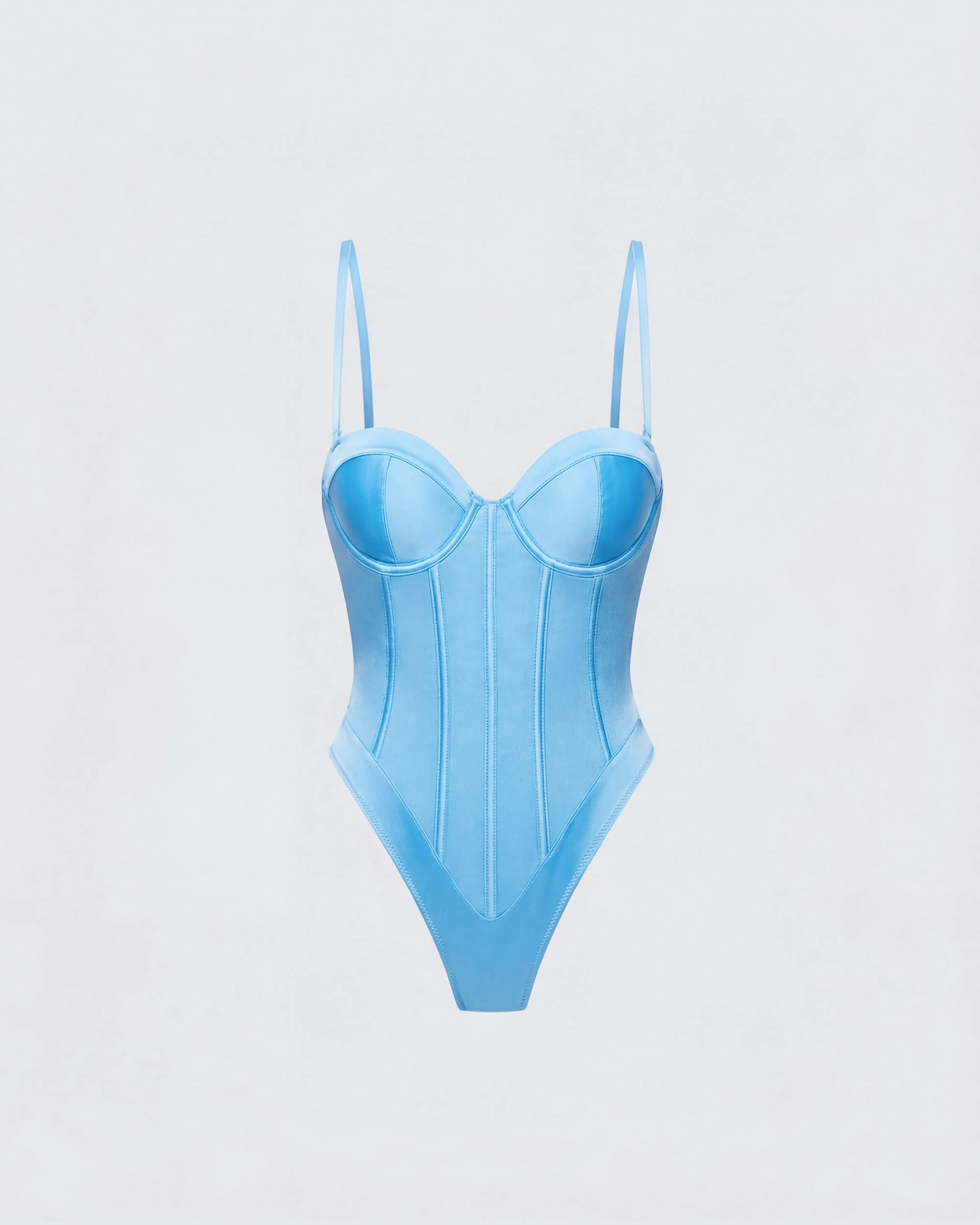 Women's Cinderella Blue Polyester Mesh Bodysuit, Adjustable Detachable Strap Bustier Thong Top