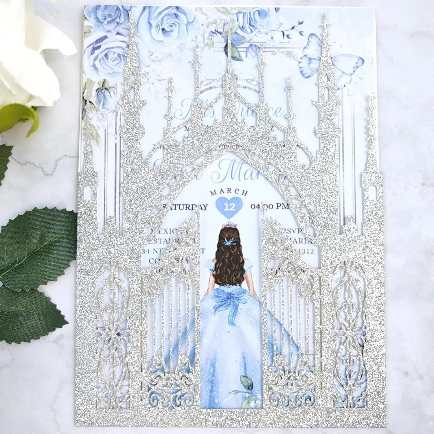 20PCS Glitter Pocket Invitations With Envelops for Quinceanera Sweet 16 Personalized Wedding Bridal Shower, Glitter Silver