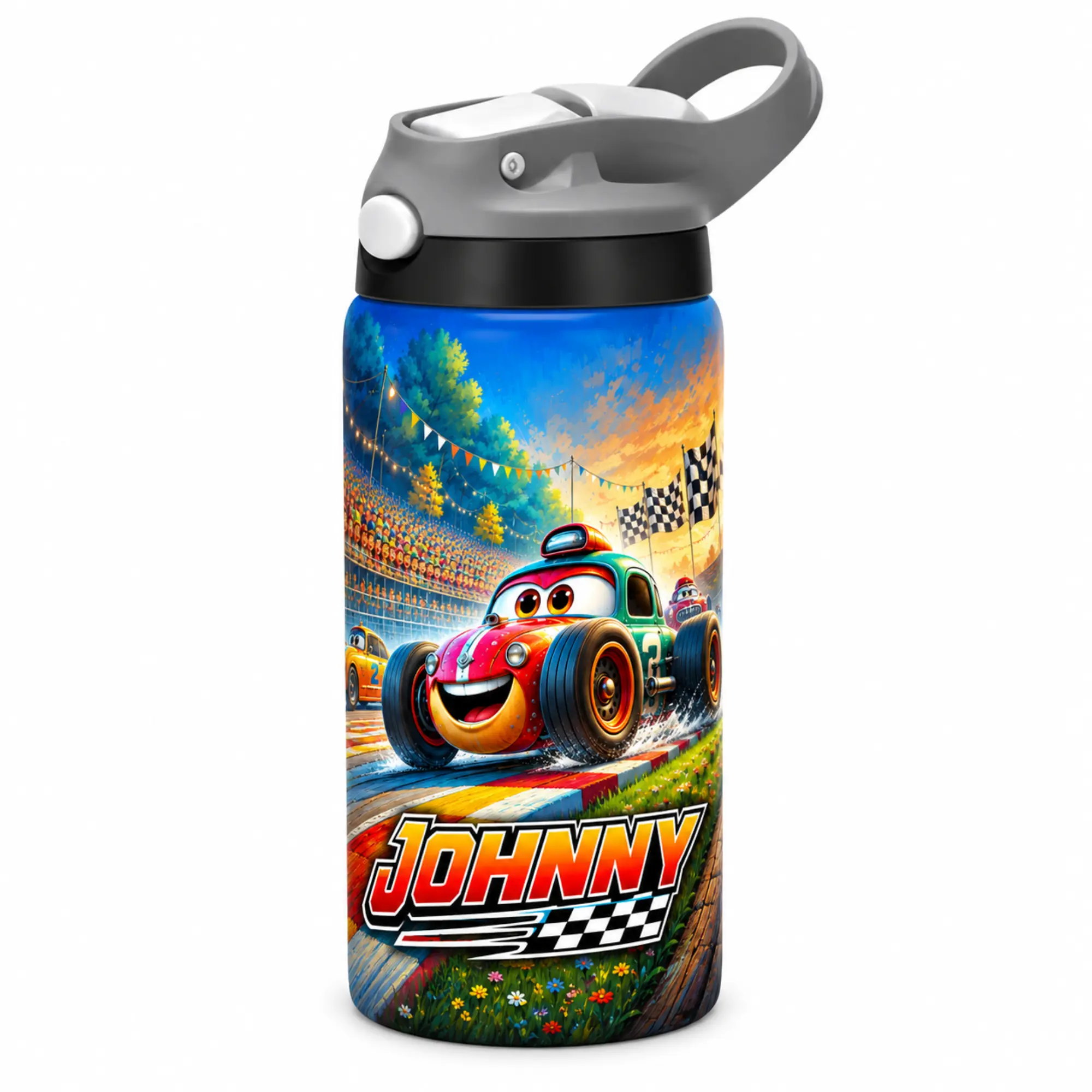 Kids Tumbler/Sippy Cup | Personalized Kids Race Car Tumbler | Custom Name Water Bottle with Fun Cartoon Cars | Birthday Gift for Boys, School Sports & Everyday Use