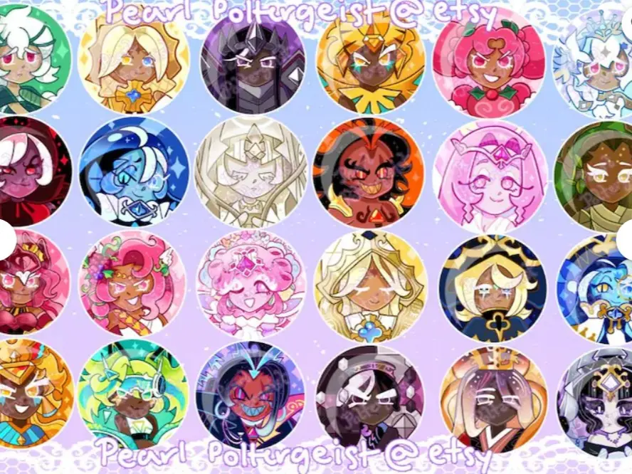Cookie Run Kingdom Vol. 1 Beast and Ancient 1.75" Character Buttons Collectible Anime Pins for Fans Featuring Aegis Holly Berry & Golden Cheese Cookie