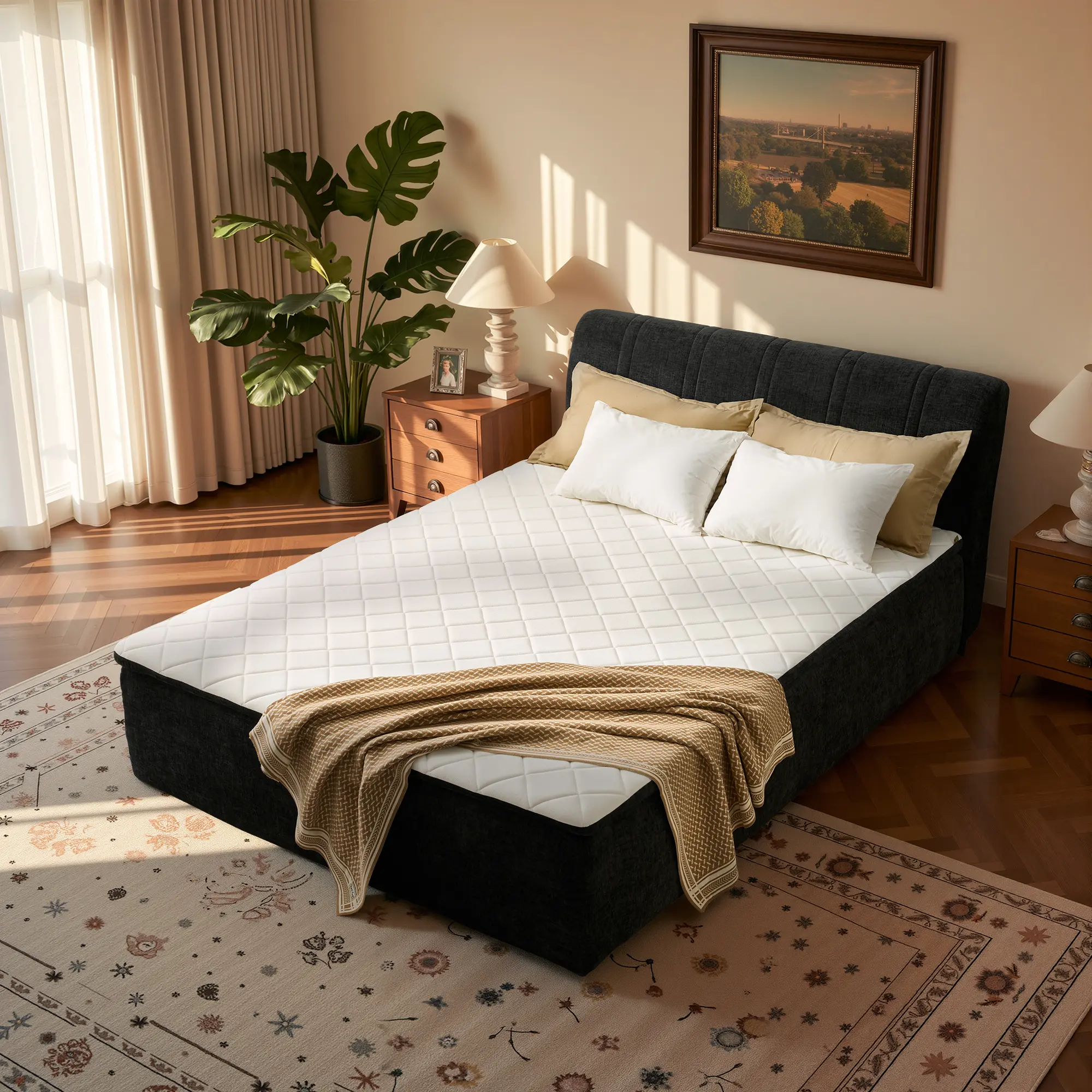 【Summerfinds】Ovios Queen Hybrid Mattress with Removable Upholstered Headboard, Mattress & Bed Frame in One Box, No Assembly Required, Memory Foam, Individually Pocketed Springs, Medium Firm Support, Motion Isolation, Pressure Relief, CertiPUR-US Certified