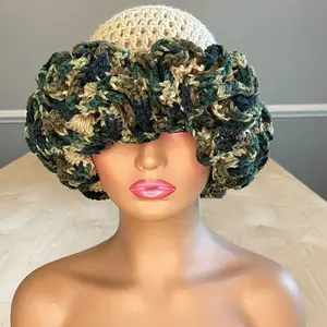 Handmade crochet ruffle hat | Tan and camouflage