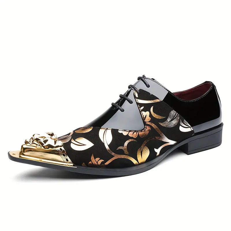 Women's Vintage Leather Pumps with Floral Print, Pointed Toe Slip On Footwear with a Metal Cap and Low Block Heel, Rubber, Laces, Ankle, Pu Leather