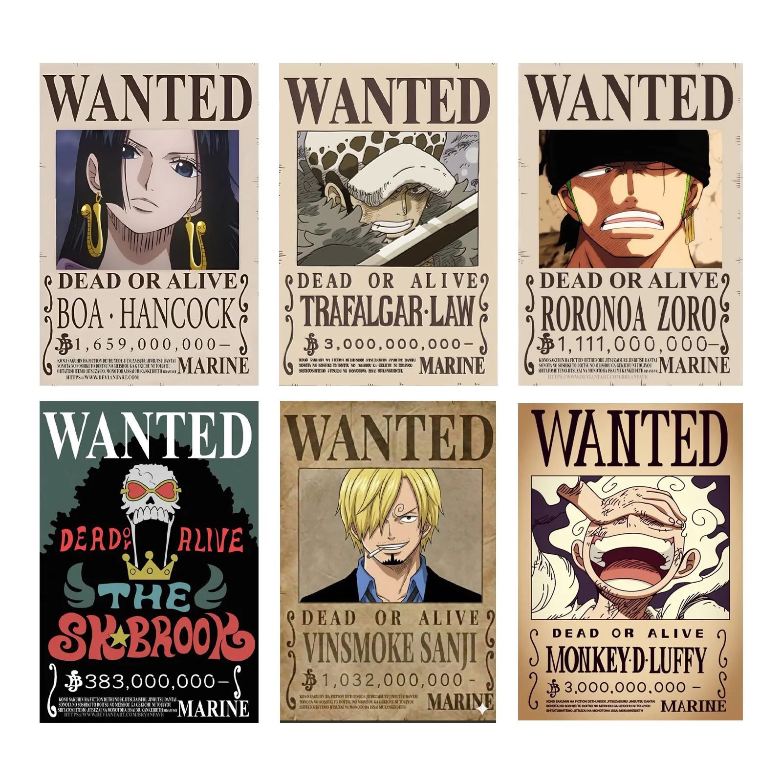 Set 6 Wanted Character Dead Or Alive 1Pice Anime Poster Premium Wall Art Poster Unframed HD Print Home Office Decor Unique Trendy Gift