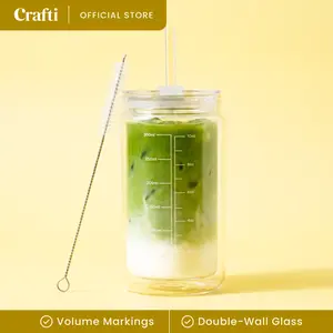 Crafti Slow Sippin' Glass Tumbler with Straw & Lid 11.8oz - 350ml Double-Walled Glass Coffee Cup, Matcha Cup with Volume Markings, Tritan Straw & Cleaner - Reusable, BPA-Free Iced Coffee Tumbler