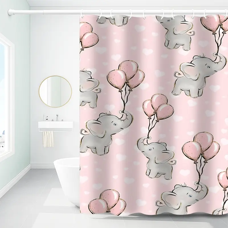 1pc Pink Elephant Balloon Printed Shower Curtains with Plastic Hooks, Shower Curtain for Bathtub Bathroom,Suitable for Home and Hotel, Machine Washable Bathroom Decor,As Best Gifts for Friends