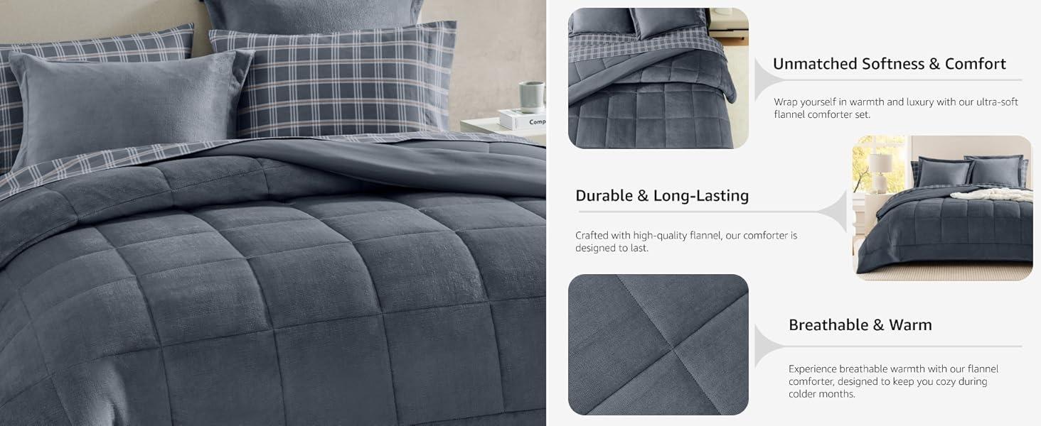 Plush Queen Comforter Set Blue Grey, Flannel Velvet Comforter Sets 7 Pieces Bed in a Bag, Soft Warm Winter Bedding Set with Sheets, Pillowcases & Shams