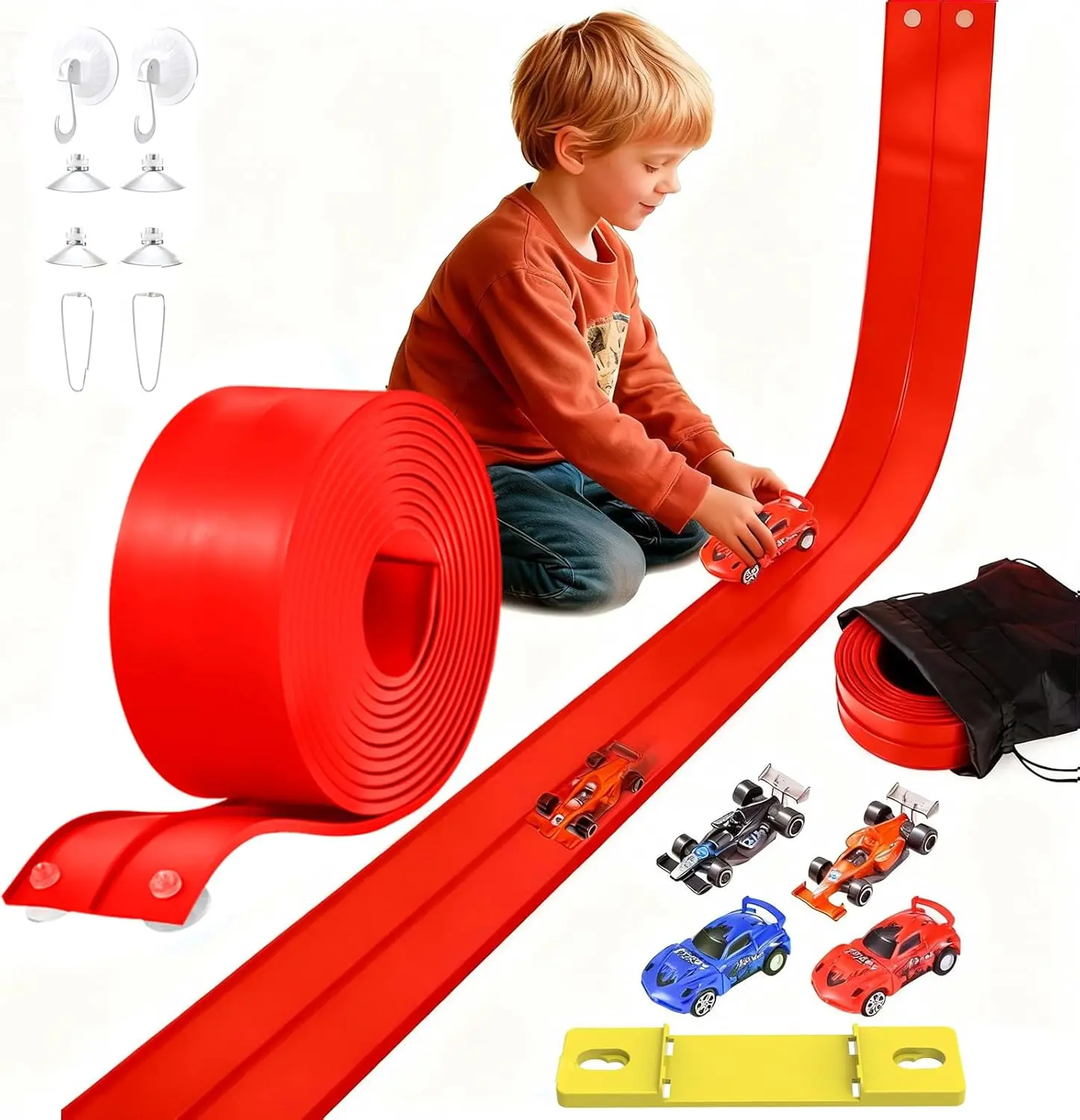 20 Ft Flexible Race Car Track for Kids with 4 Suction Cups & Hook Compatible with Hot Wheels & Diecast 1/50th Cars Portable Racetrack for Ages 3-8 Birthday Christmas Gifts