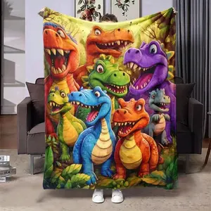 Colorful Cute Dinosaur Jungle Flannel Blanket Soft Cozy Gift Throw with Cheerful Cartoon Dino Design Perfect for Gifting to Kids Snuggling Warmly or Adding Playful Prehistoric Charm to Any Space