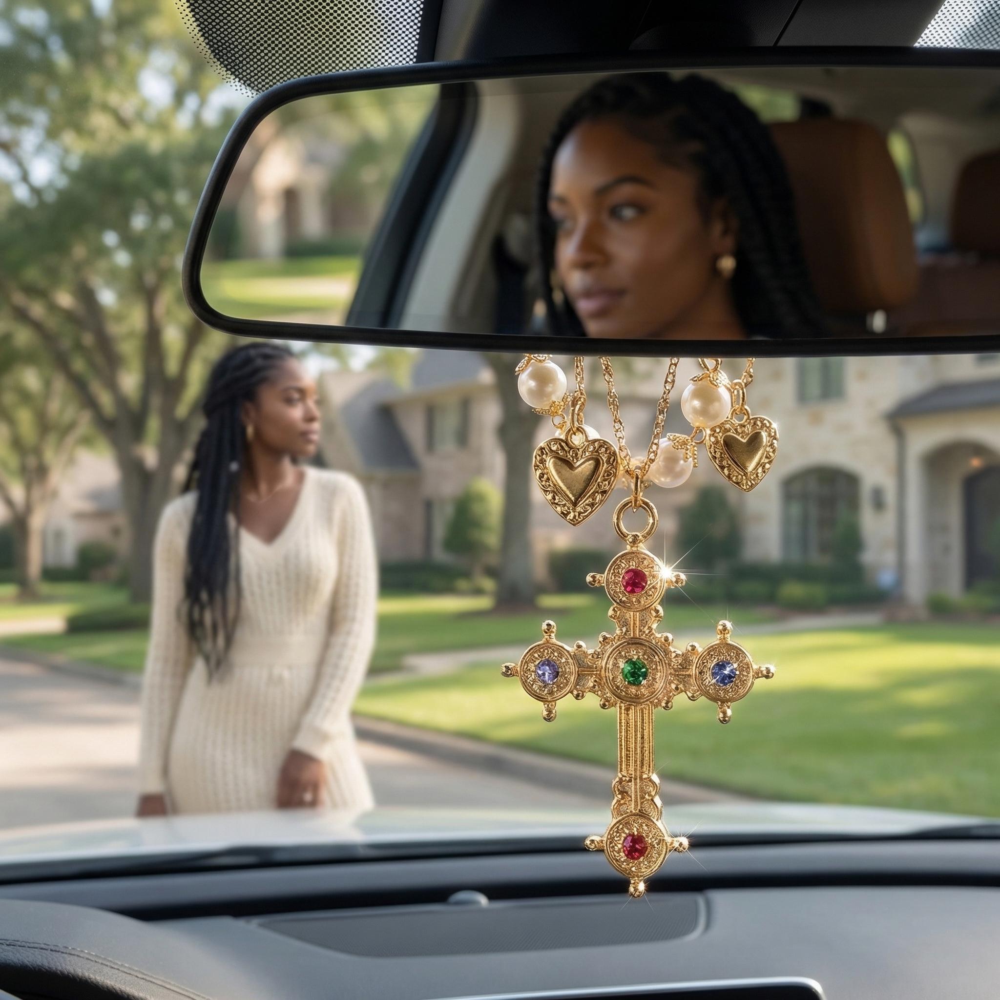 4Pcs Universal Car Interior Hanging Decor | Retro Gold Baroque Cross & Pearl Charm | Gothic Mirror Jewelry Accessory | Perfect Creative Gift for Her Interior Solar Powered Winter Windshield Defroster Adjustable High-Powered Dual Motor Off-Road Scooter