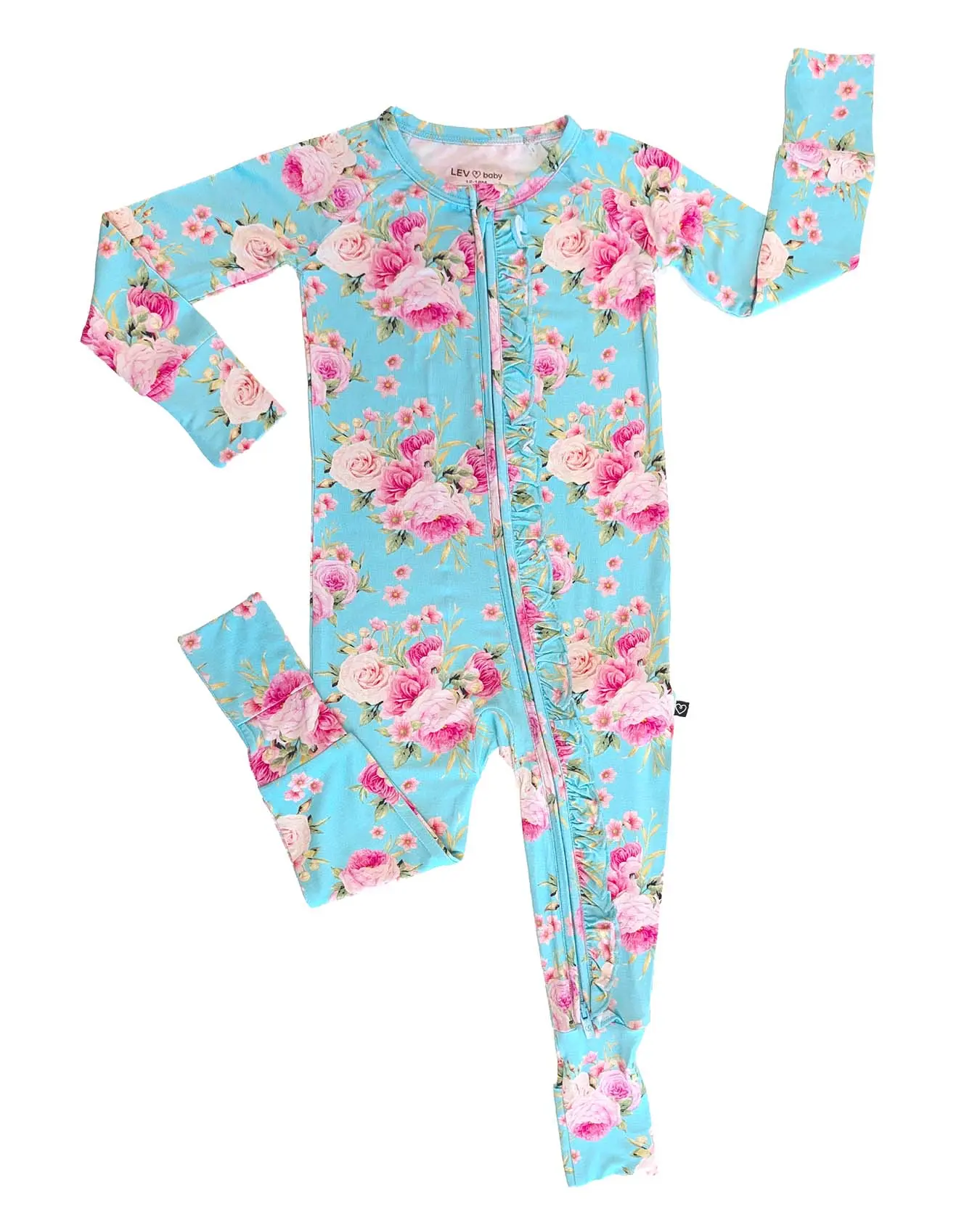 Baby Girls' Ruffle Charm Organic Bamboo Bodysuit - Eczema-Kind Tag, Tagless, Stretchy Cooling 2-Way Zipper Onesies, Double Zipper Closure, Hand-Illustrated Floral, Convertible, Fast Diaper Access Outfit for Key Milestones