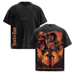 Attack on Titan Eren Yeager Oversized Acid Wash Graphic T-Shirt | Heavyweight Vintage Cotton Anime Streetwear Tee | AOT Manga Merch Gift for Anime Lovers | Rare 2D Flat Vector Art Y2K Top | Unisex Trendy Casual Street Style